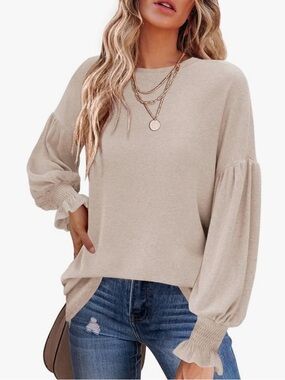 Women's Beige Balloon Sleeve Knit Top - Elegant Casual Pullover, Size XL